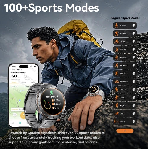 Man with a backpack using a smartwatch and phone, with sports mode options displayed.