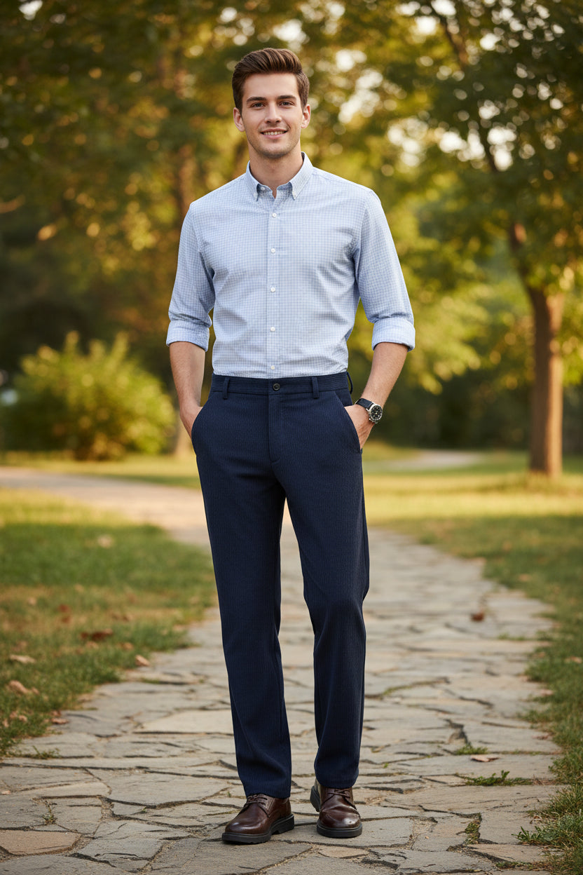 Navy blue pants worn by a person with close-up insets on a light gray background
