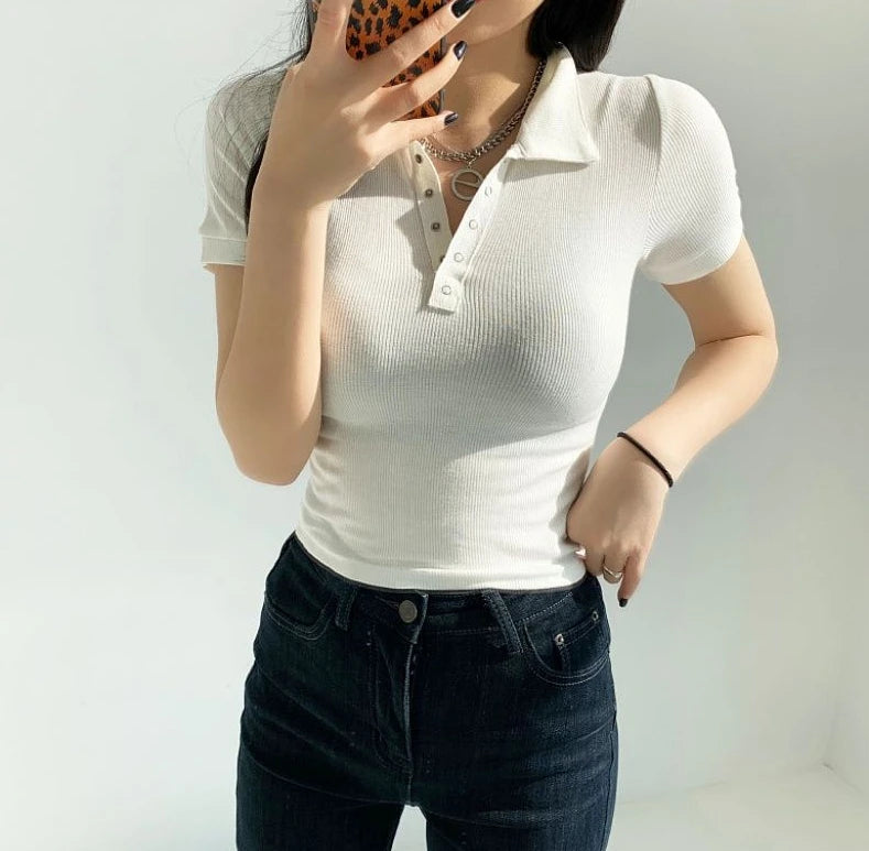 Polo Neck Shirt for Women Sexy Woman T Coquette Clothes Plain 100℅ Cotton Button Slim Korean Style with Collar Pretty Cheap Tops