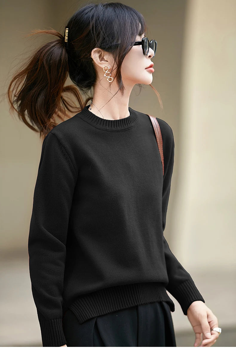 Women's autumn and winter 100% pure cotton knitted round neck soft pullover casual solid color warm sweater fashionable hot sell