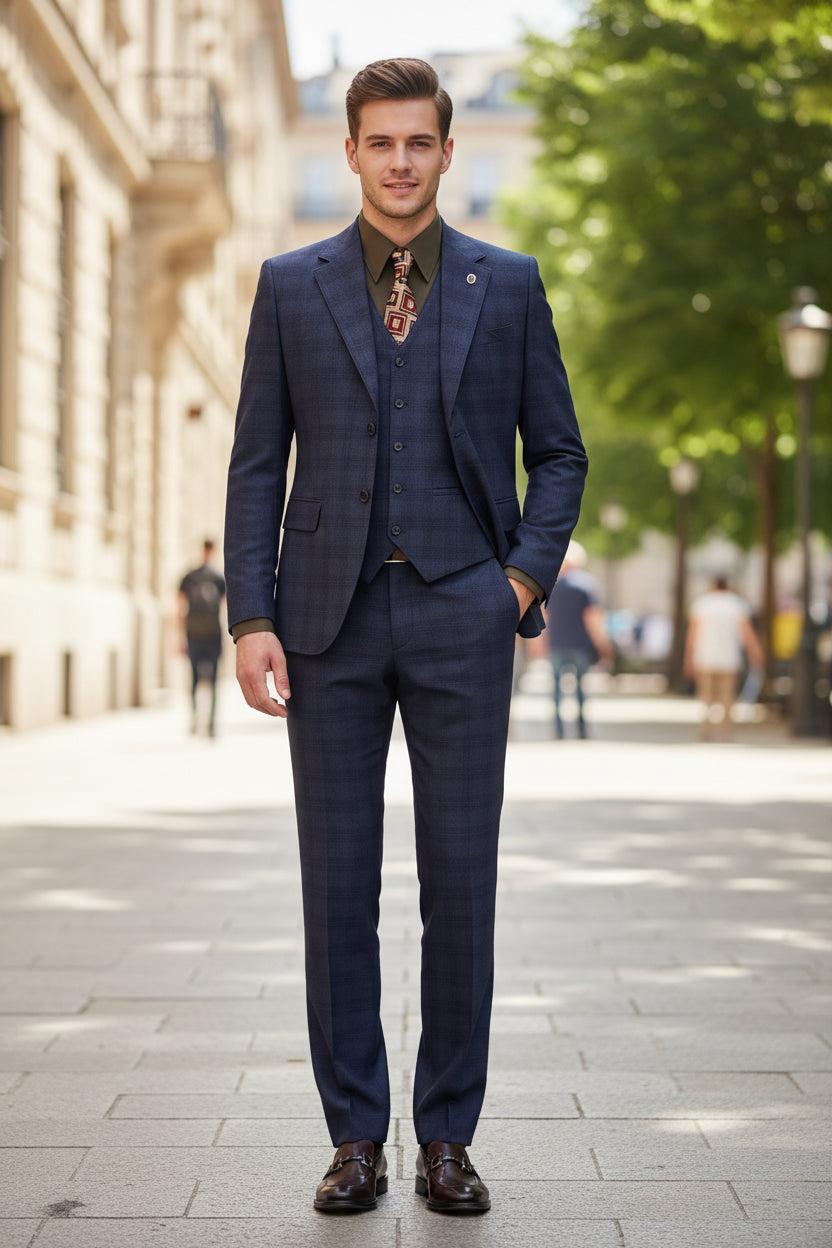 Blue suit on a mannequin with a white background