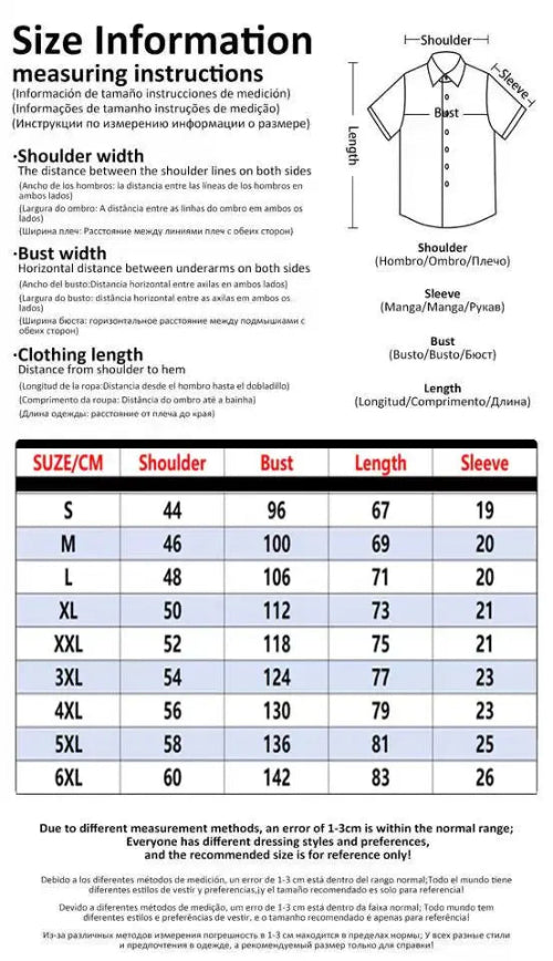 A size measurement chart and sizing table for a women's blouse. The top section shows measurement instructions with a line drawing of a blouse, including shoulder, bust, sleeve, and length measurements.