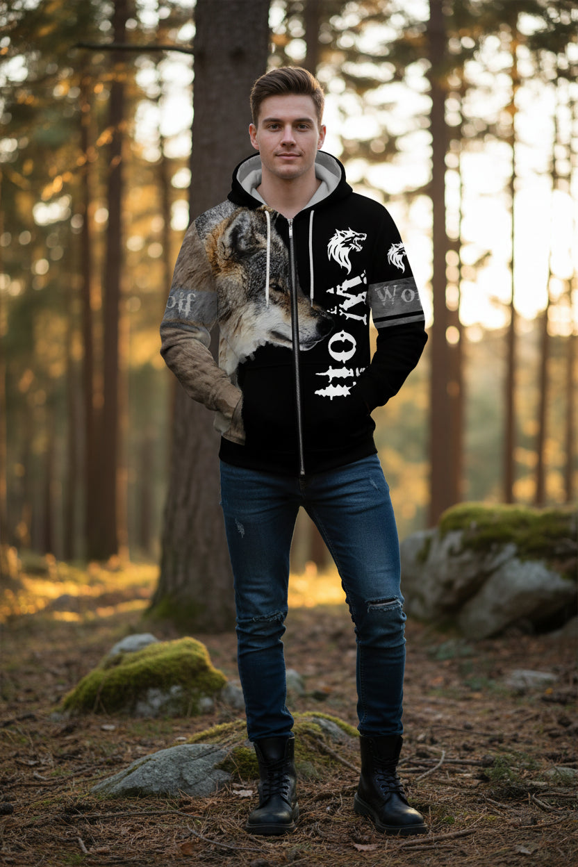 Hoodie with wolf design and 'Wolves' text on a white background