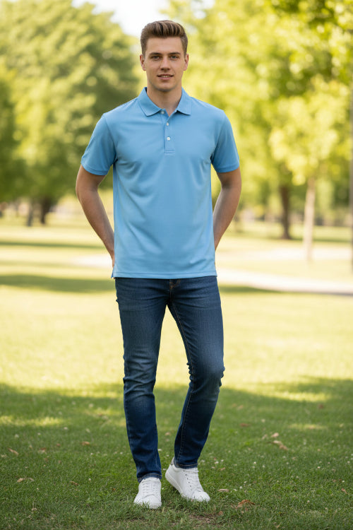 Blue polo shirt on a white background