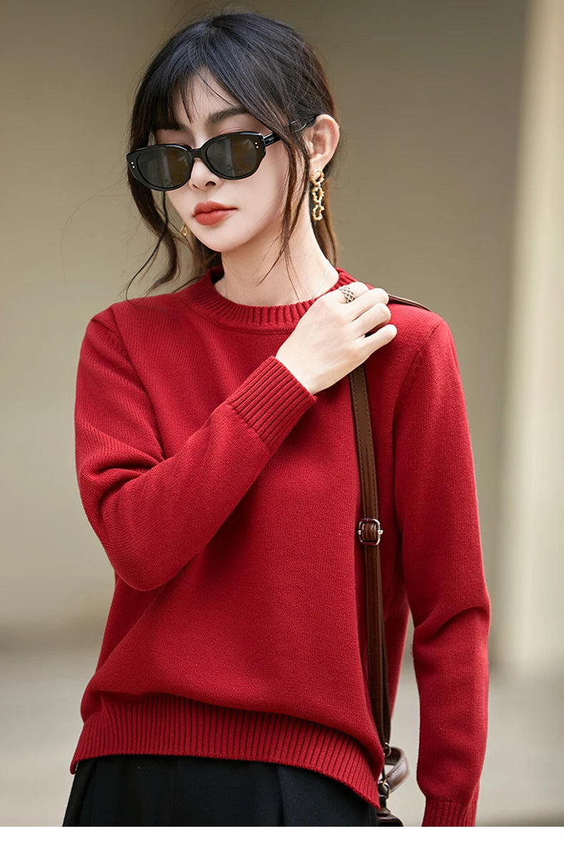 Women's autumn and winter 100% pure cotton knitted round neck soft pullover casual solid color warm sweater fashionable hot sell