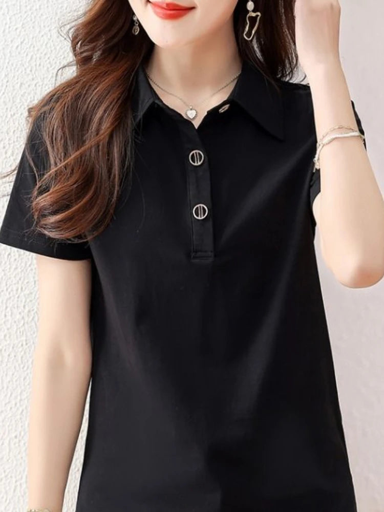 Button T-shirts Summer Outfit Black Women's Polo Short Sleeve Plain in Trend 2025 Korean Popular Clothes Original New Female Tee