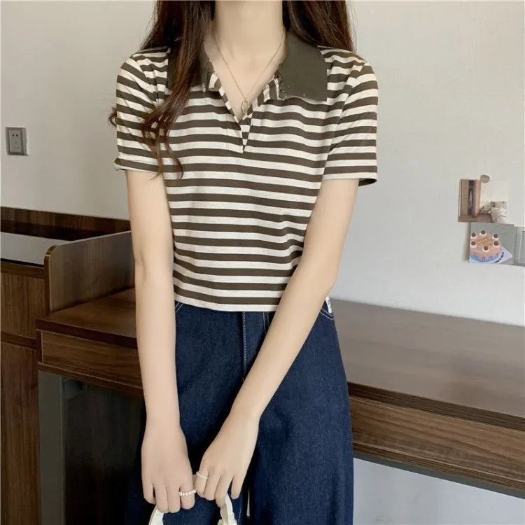 Chic V Neck Short Length Striped Short Sleeve Polo T Shirt For Women Summer 2026 New Niche Top