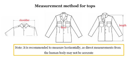 Diagram showing measurement method for tops with labeled parts on a white background.