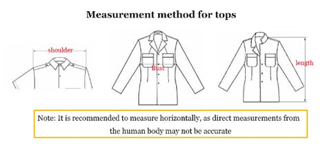 Diagram showing measurement method for tops with labeled parts on a white background.