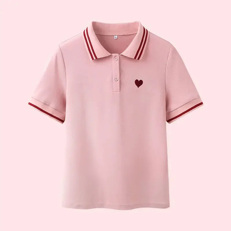 Polo Neck Shirt for Women Button 100℅ Cotton White Embroidery Baggy Woman T Pulovers High Quality Korean Popular Clothes Youth