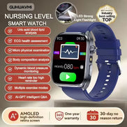 Smartwatch with blue band and features listed on a beige background