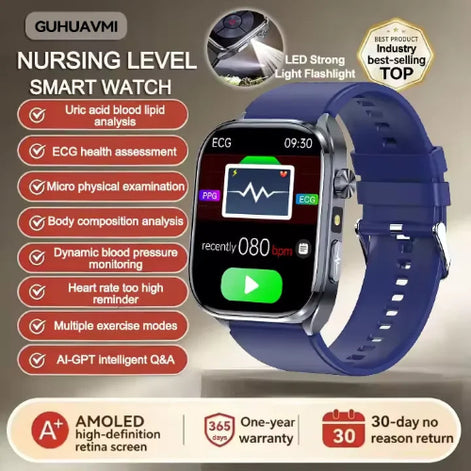 Smartwatch with blue band and features listed on a beige background