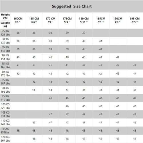 Suggested size chart for clothing or shoes with height and weight measurements.