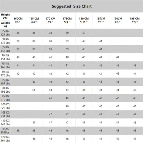 Suggested size chart for clothing or shoes with height and weight measurements.
