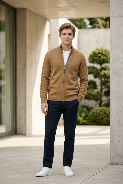 A men's brown knit zip-up sweater with a mock neck and ribbed cuffs, hanging on a wooden hanger against a light gray background. 