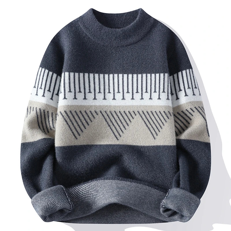 Blue and gray striped sweater on a white background