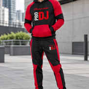 A two-piece athletic tracksuit set featuring a black and red pullover hoodie with 'Pioneer PRO DJ' printed on the front, and matching black and red jogger 