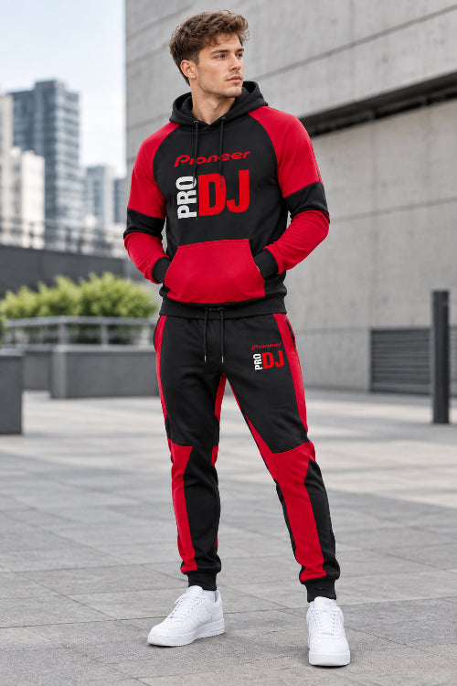 A two-piece athletic tracksuit set featuring a black and red pullover hoodie with 'Pioneer PRO DJ' printed on the front, and matching black and red jogger 