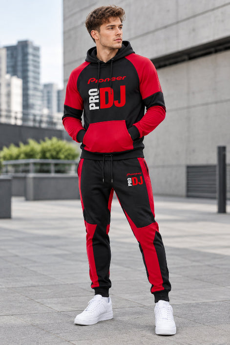 A two-piece athletic tracksuit set featuring a black and red pullover hoodie with 'Pioneer PRO DJ' printed on the front, and matching black and red jogger 
