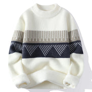 White sweater with black and gray geometric pattern on a white background