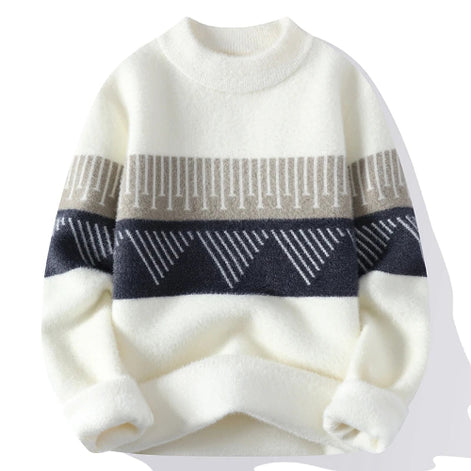 White sweater with black and gray geometric pattern on a white background