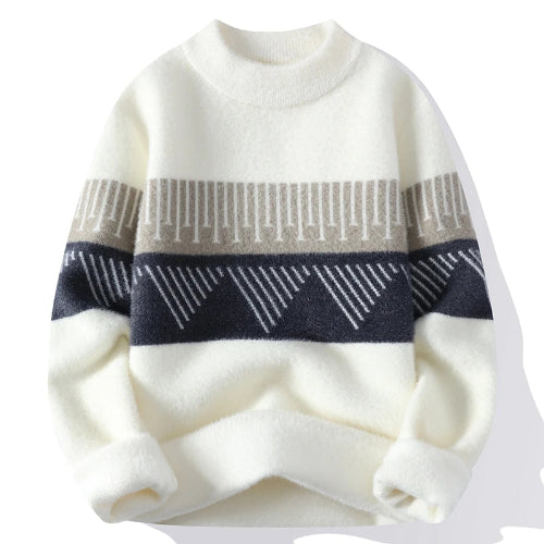 White sweater with black and gray geometric pattern on a white background