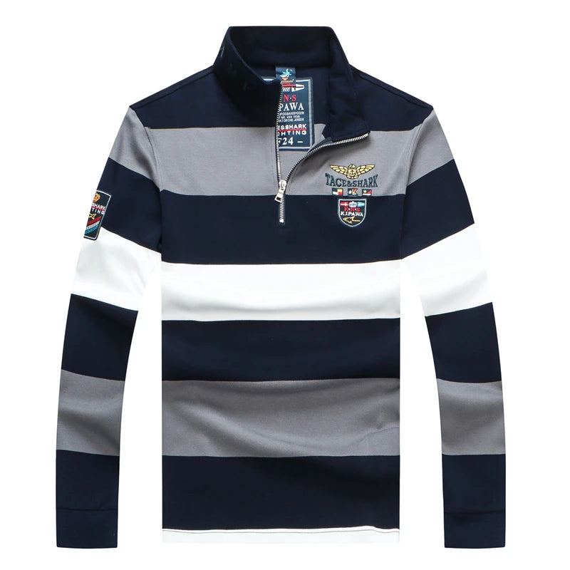 TACE&SHARK Brand Hot Sale Fashion Business Stripes Embroidery Long Sleeve Polo Shark Tops Men Autumn Half Zipper Slim Clothes