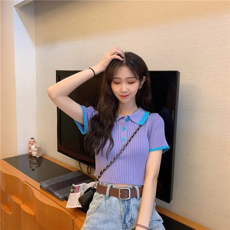 Women's Polo Shirts Sexy Crop Top Button Female Tee Knitted Slim with T-shirts Collar Korean Clothing Pulovers Trend 2025 Summer