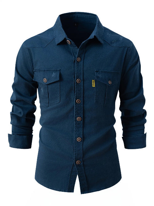 Blue button-up shirt with rolled-up sleeves on a white background