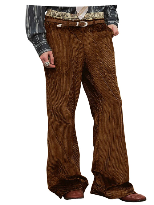 A person wearing brown corduroy wide-leg trousers with a brown belt, a patterned waistcoat, and brown shoes, shown against a plain white background.