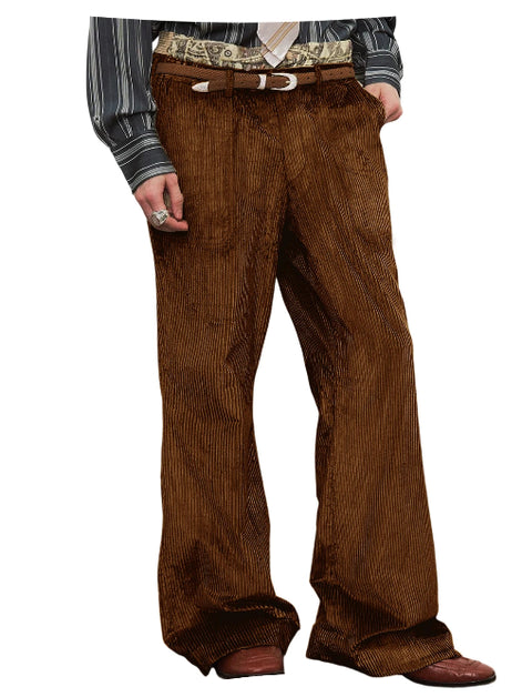 A person wearing brown corduroy wide-leg trousers with a brown belt, a patterned waistcoat, and brown shoes, shown against a plain white background.