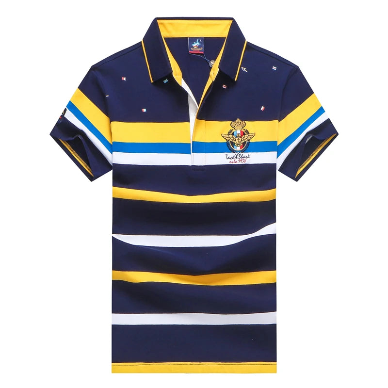 A short-sleeve polo shirt with horizontal navy blue, yellow, white, and light blue stripes, featuring a gold crest on the left chest and a white collar.