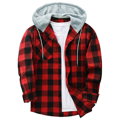 Red and black plaid hoodie with gray hood on a white background