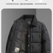 A men's black puffer jacket with a ribbed collar and snap-button front, shown on a dark gray background with marketing text and feature icons above it.