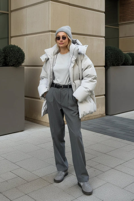 A woman wearing a light gray oversized puffer jacket, gray knit beanie, gray sweatshirt, and gray trousers, standing outdoors 