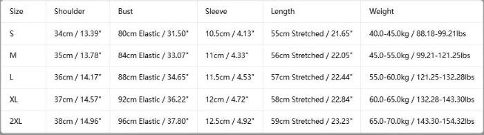 A size chart table for a women's bra or bodysuit, showing sizes S through 2XL with measurements for shoulder, bust, sleeve, length, and weight in both uncropped and stretched conditions.