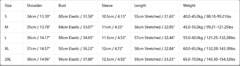 A size chart table for a women's bra or bodysuit, showing sizes S through 2XL with measurements for shoulder, bust, sleeve, length, and weight in both uncropped and stretched conditions.