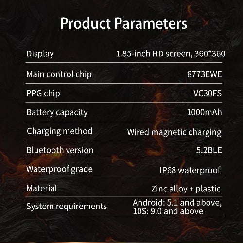 Product parameters table on a dark background with fiery design elements