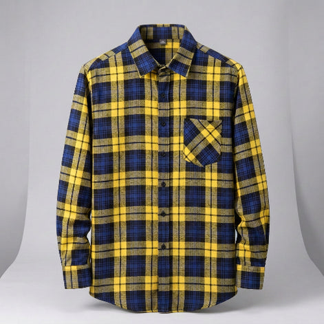 A yellow and blue plaid flannel shirt with a chest pocket, styled open over a white t-shirt 