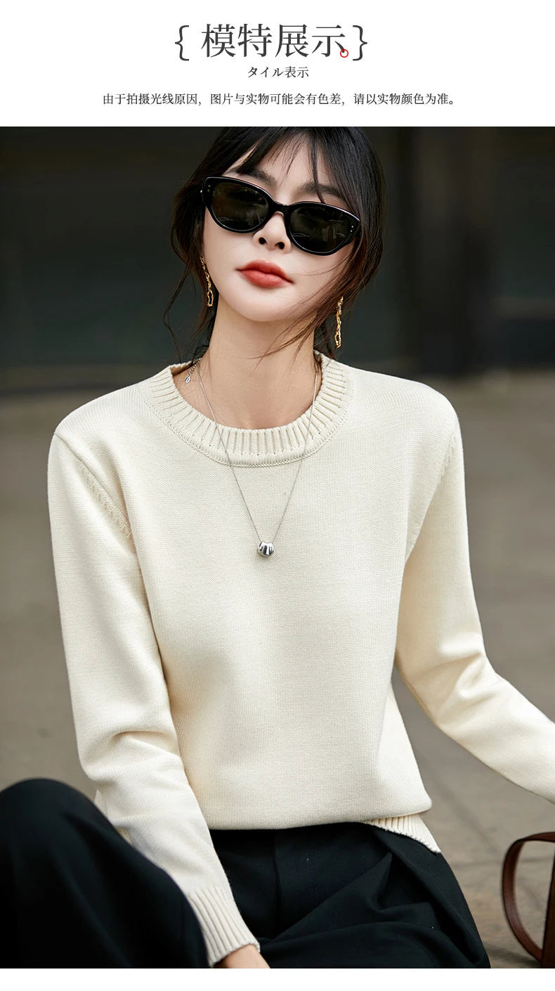 Women's autumn and winter 100% pure cotton knitted round neck soft pullover casual solid color warm sweater fashionable hot sell