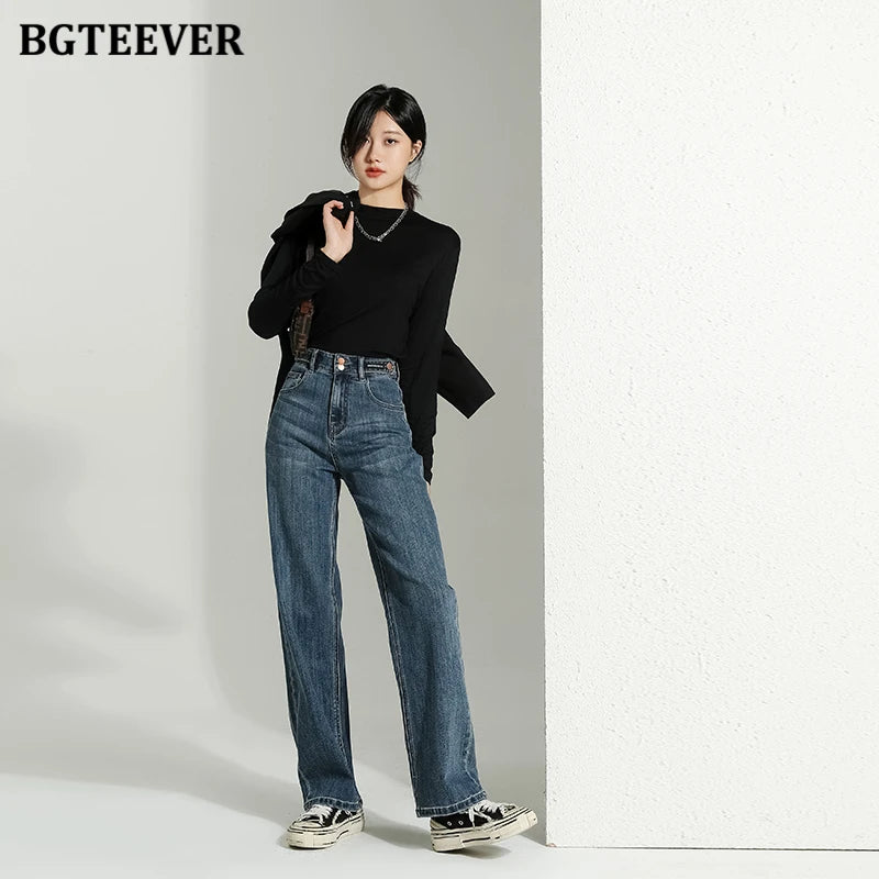 BGTEEVER Vintage Double Buttons Straight Jeans Pants Women Spring Autumn High Waist Loose Pockets Female Wide Leg Denim Trousers
