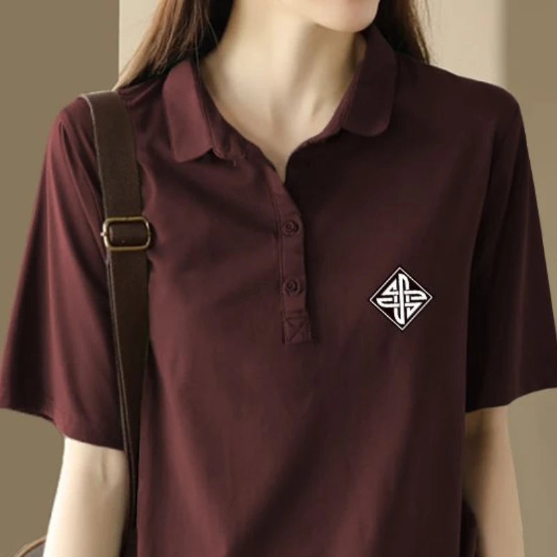 Summer Outfit Youthful Printing Women's Polo Shirts Lapel Button T-shirts Korean Clothing Elegant Baggy Short Sleeve Female Tee