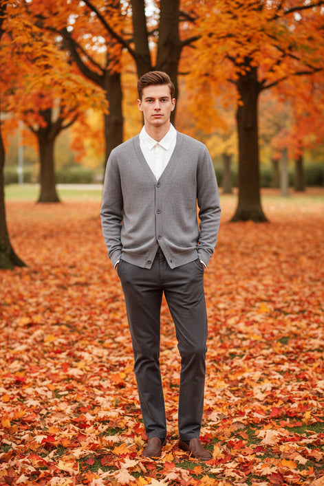 Gray cardigan over a white shirt on a wooden hanger against a wooden door background