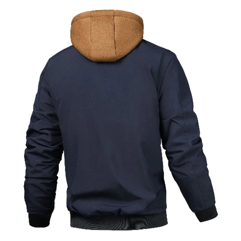 Navy blue hoodie with brown hood on a white background