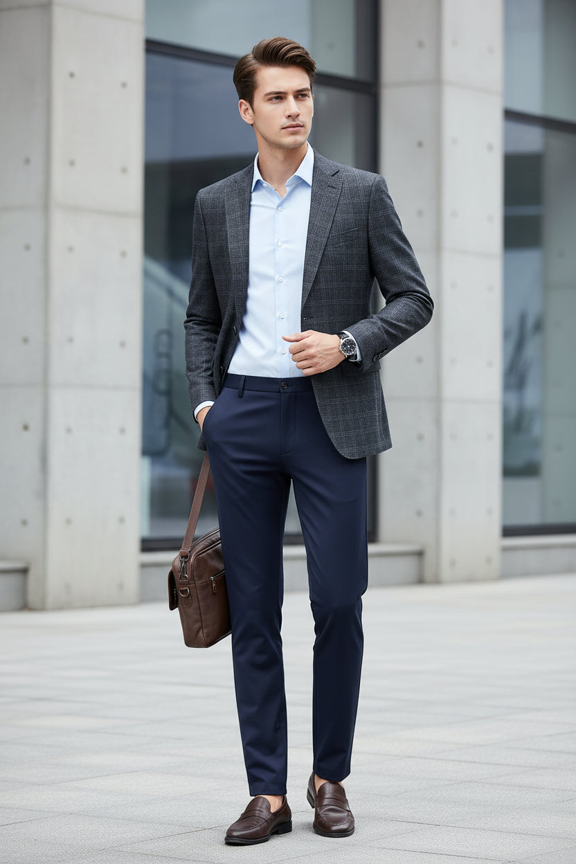 Navy blue pants worn by a person on a light gray background