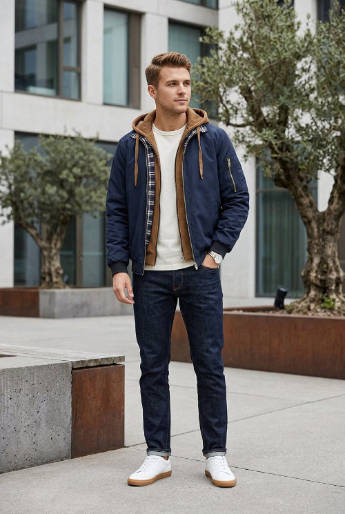 Navy blue jacket with brown hood and plaid lining on a white background