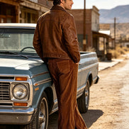 A man wearing a brown leather jacket and matching brown corduroy pants stands beside a vintage blue pickup truck 