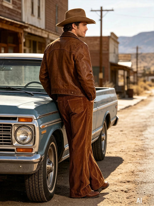 A man wearing a brown leather jacket and matching brown corduroy pants stands beside a vintage blue pickup truck 
