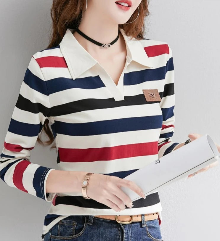 Slimming Striped Polo T-Shirt for Women 100% Cotton Long Sleeve Innerwear for 2026 Transitional Wardrobe