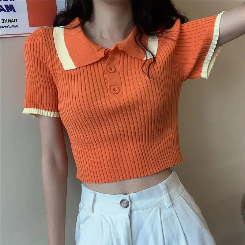 Women's Polo Shirts Sexy Crop Top Button Female Tee Knitted Slim with T-shirts Collar Korean Clothing Pulovers Trend 2025 Summer